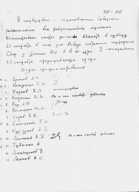 Список сотрудников ОП, направляемых «на картошку». Новосибирск, 1960-е годы